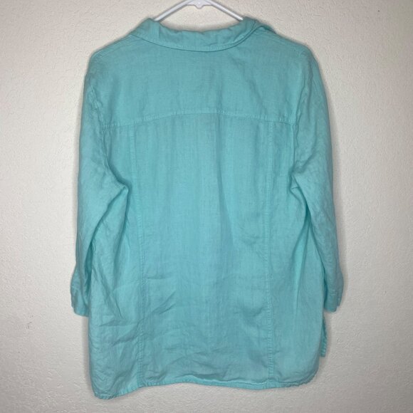 JM Collection Linen Top Womens Size 14 Teel Button Up 3/4 Sleeves Studded Pocket - Picture 4 of 14